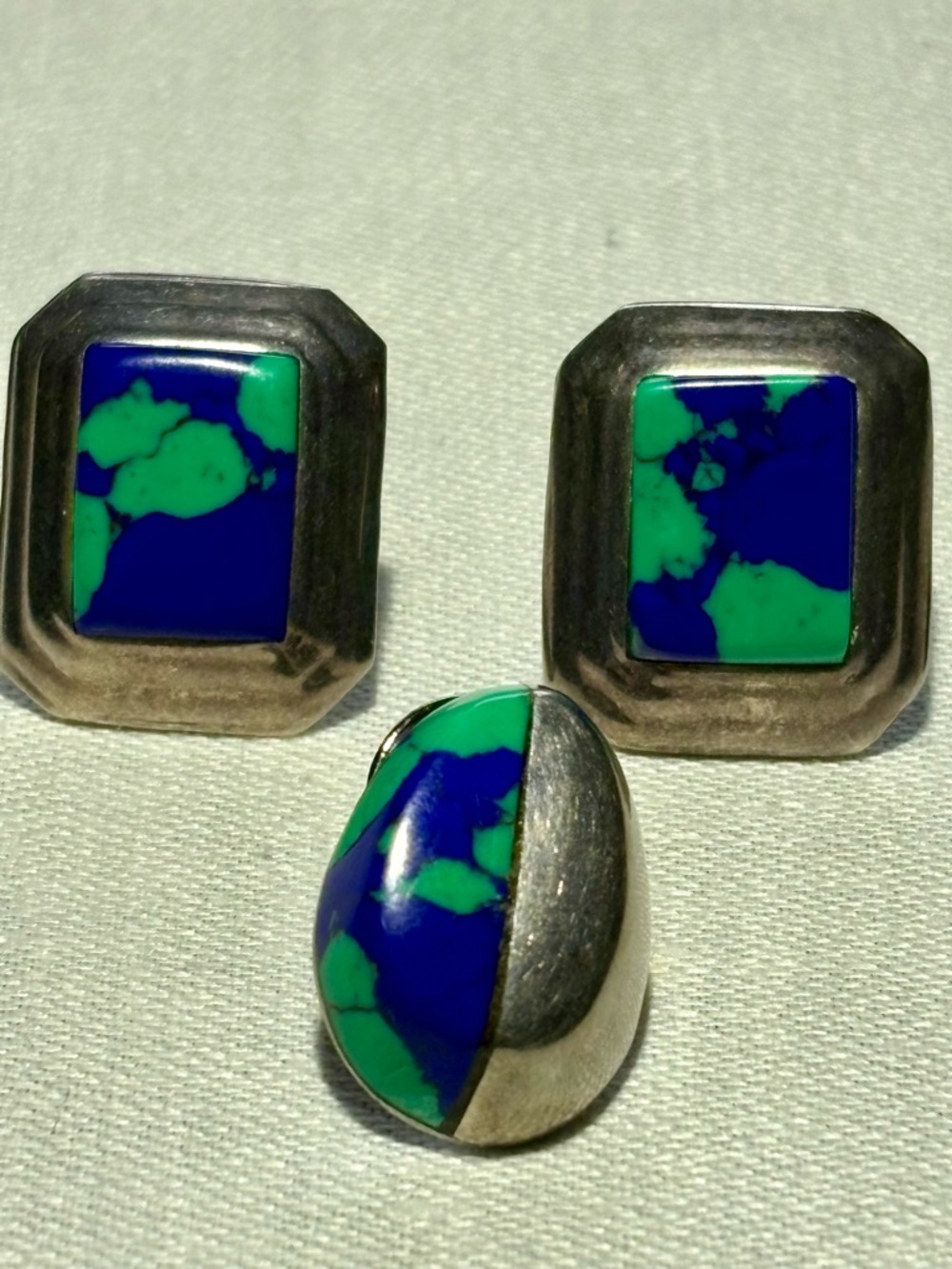 Vintage Mexico 925 Sterling Silver Azurite Malachite Set Earrings + Brooch